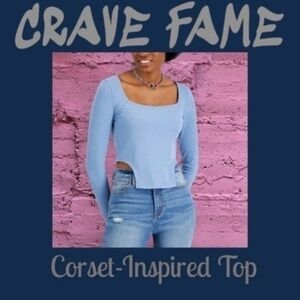 CRAVE FAME Jr. Square Neck Long Sleeve Curved Side Hems Fitted Cropped Top-Lg
